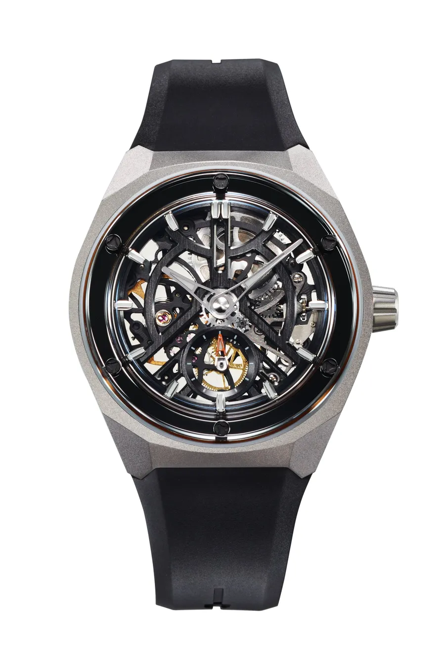 Zelos Artemis Titanium, sandblasted titanium case, skeletonised Marvin 700 with orange seconds hand, on black rubber strap