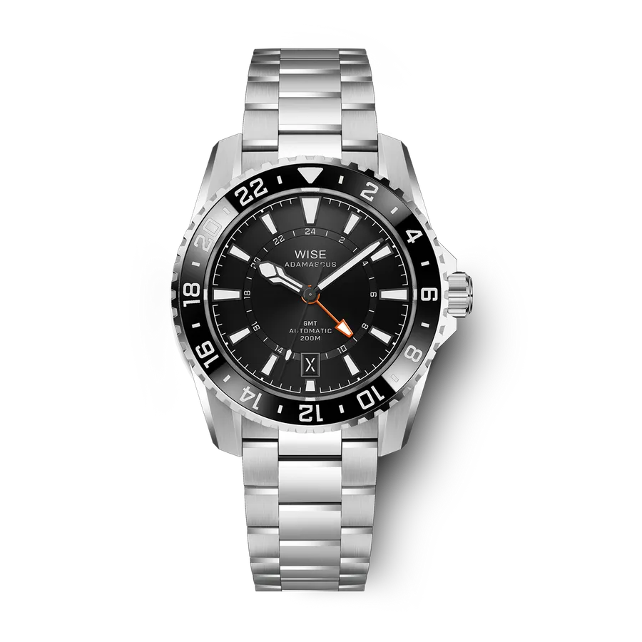 Wise Adamascus ADX101 True GMT in 904L steel, black sunburst dial, black bezel and orange GMT hand, on 904L bracelet