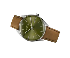 ELKA D05-0804, sunbrushed olive green dial with nickel applied indexes and date at 3, on cognac suede strap