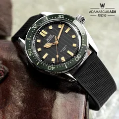 Wise Adamascus AD8240 in 904L steel, grey Geneva stripes dial, dark green ceramic bezel, on black FKM rubber strap