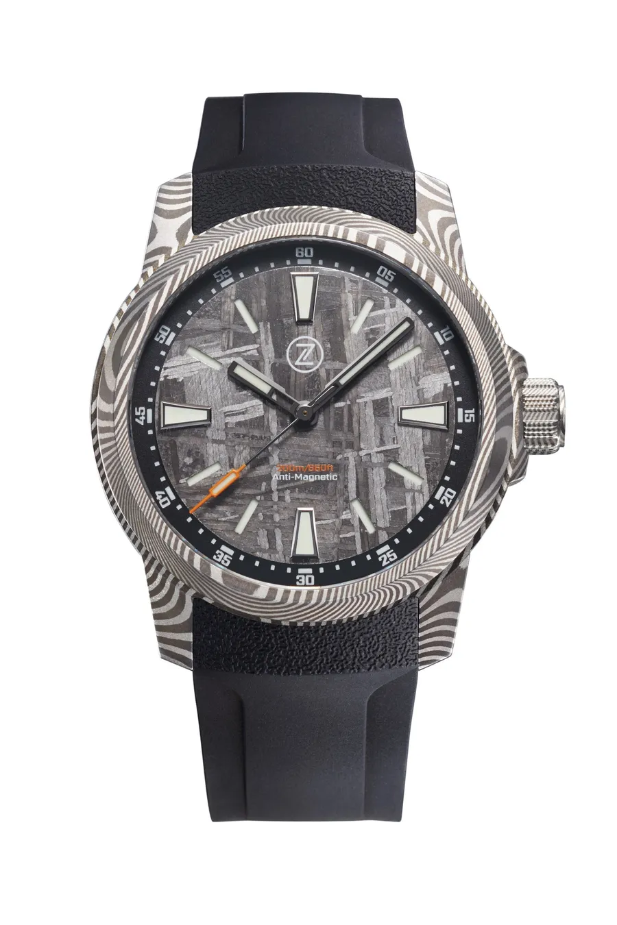 Zelos Aurora Field 38mm in Damascus steel, meteorite dial, on black rubber strap