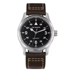 San Martin SN034-G-B1 with matte black dial on brown leather strap