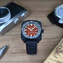 Aquatico Super Charger GMT DLC with red aventurine dial, on black rubber strap