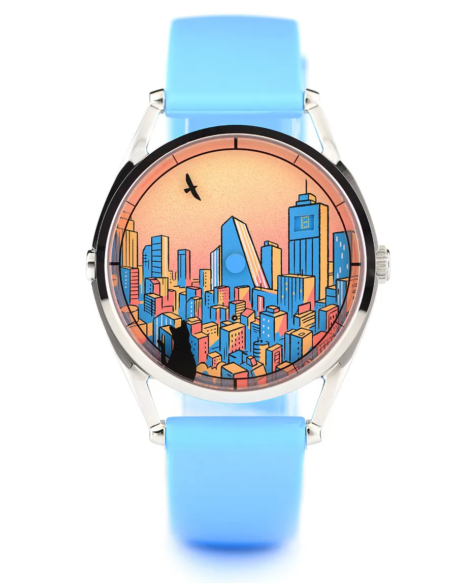 Mr Jones Tadaima Limited Edition, Tokyo skyline at sunset with a bird and a cat at a window, steel long-lug case on a light blue strap, front view