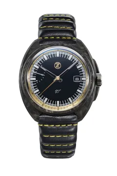Zelos GT 40mm Carbon Eclipse, forged carbon case, black dial with gold highlights, on black leather strap with yellow stitching