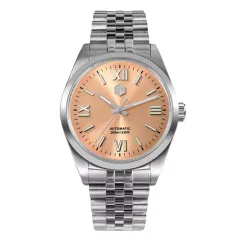 San Martin SN050-G 38.5mm with sunray salmon dial, Roman numerals and five-link bracelet