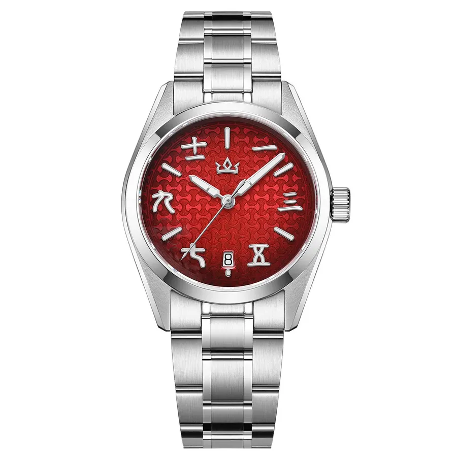 AddiesKIN K011 with red ingot-pattern dial and applied seal-script numerals on a three-link steel bracelet
