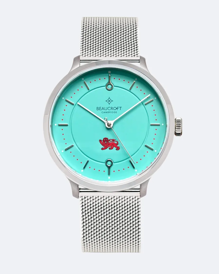 Beaucroft Senate Red Lion with Cambridge blue dial and red lion emblem on Milanese mesh bracelet