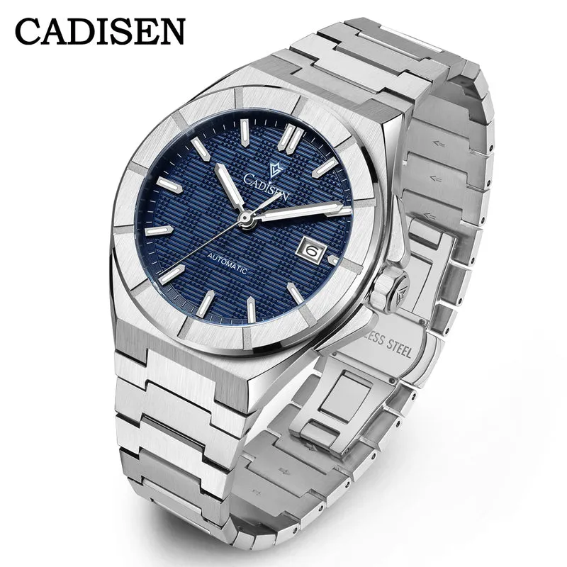 Cadisen C8242 integrated-bracelet automatic with angular faceted bezel, blue textured dial and date at 3