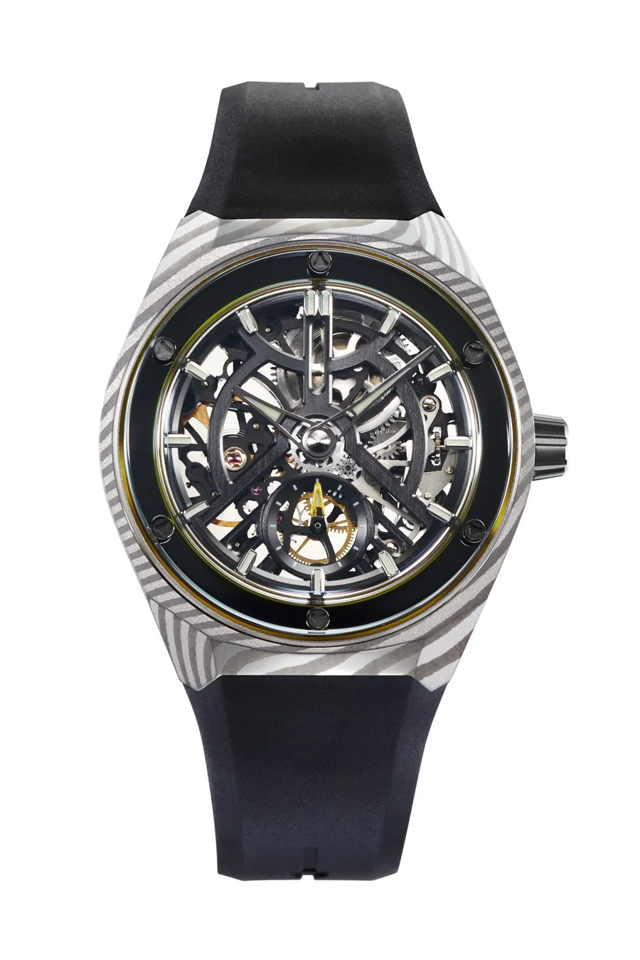 Zelos Artemis Damascus, Damascus-steel case, skeletonised Marvin 700 with yellow seconds hand, on black rubber strap