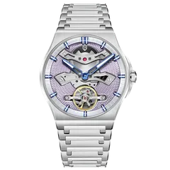 Pagani Design PD-YS028 with open-worked lilac dial and blue hands on steel bracelet
