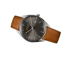 ELKA D03-0806, sunbrushed grey dial with nickel applied indexes and date at 3, on cognac leather strap