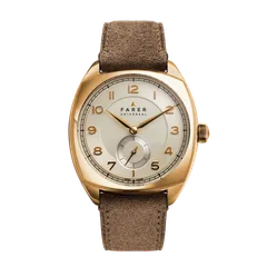 Farer Cushion Case Lethbridge Gold, champagne sector dial, yellow gold PVD case, on tan suede leather strap