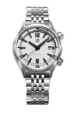 Zelos Helmsman SS, fully lumed white dial and internal bezel, on beads-of-rice bracelet