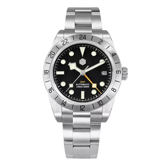 San Martin SN0054-G-C 39mm NH34 GMT with black dial and date at 3 on bracelet