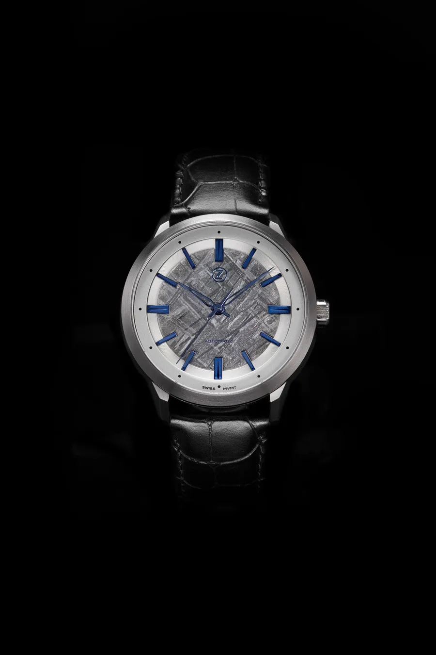 Zelos Visionary V-1, steel case, meteorite dial centre with white outer dial and blue hands and indices, on black croc-print leather strap