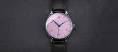 anOrdain Model 1 Pink, pale pink vitreous enamel dial, on black shell cordovan strap
