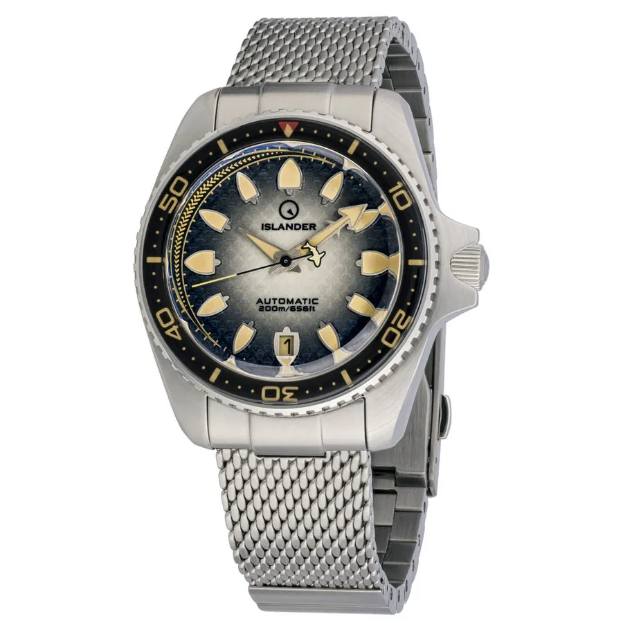 Islander Hudson Harpoon Diver with black-to-grey gradient dial, harpoon minute hand and date at 6 on mesh bracelet
