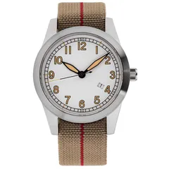 Islander Ameriquartz Field Watch ISL-76 with white dial on khaki elastic strap with red stripe