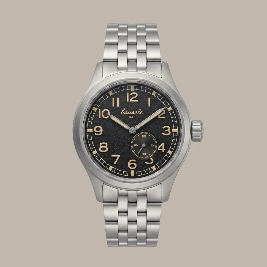 Bausele RAE 125, grained black dial with applied numerals and small seconds, on the steel bracelet