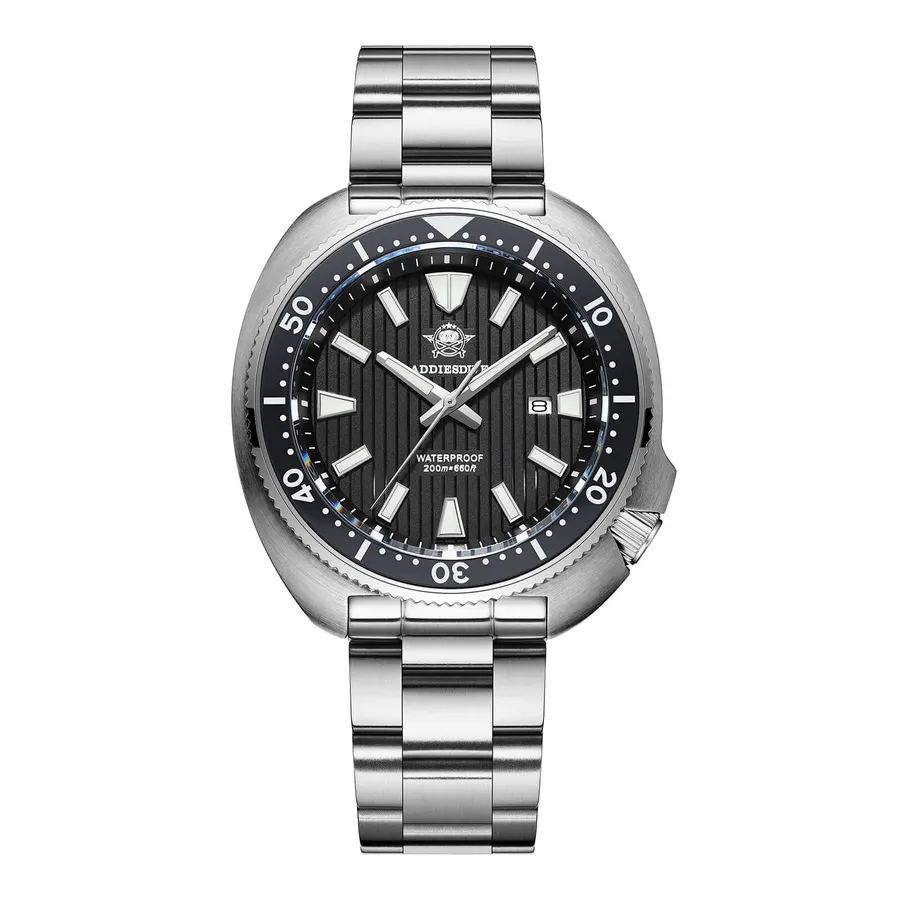 Addiesdive AD2507 cushion-cased quartz diver with black striped dial and black ceramic bezel on a three-link bracelet