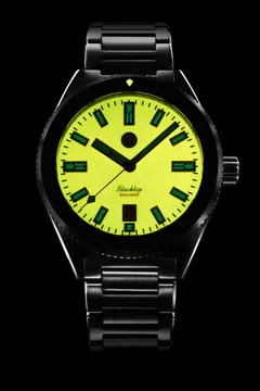 Zelos Blacktip 41mm DLC Ember lume shot, dial glowing yellow-green