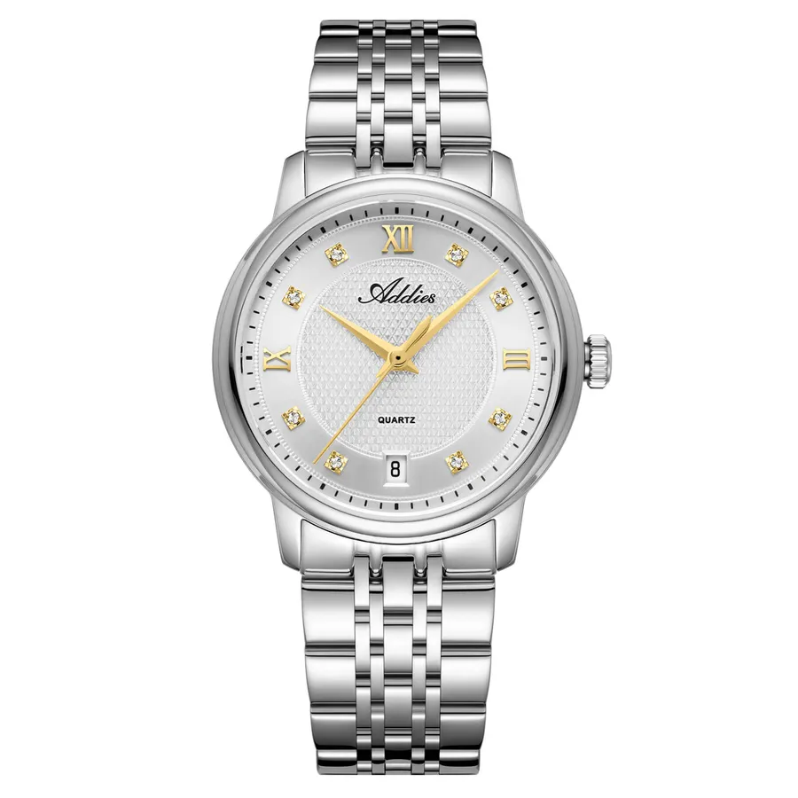Addies AW25913 with white hobnail dial, gold Roman numerals and hands, crystal markers and date at 6