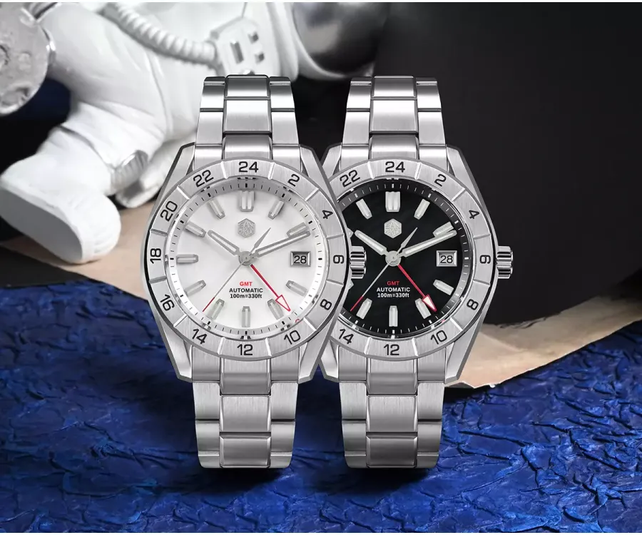 San Martin SN0130-G GMT watches with white and black mother-of-pearl dials and steel 24-hour bezels on three-link bracelets