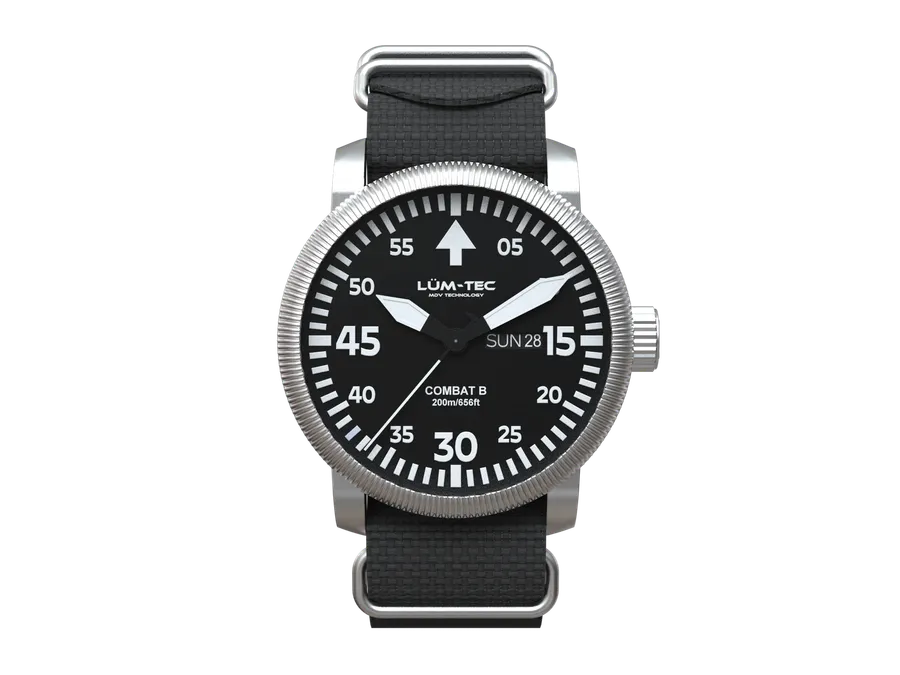 Lüm-Tec Combat B67, black pilot dial with day-date, front view