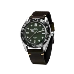 Wise Adamascus AD840A in 904L steel, green wavy dial, on brown leather strap