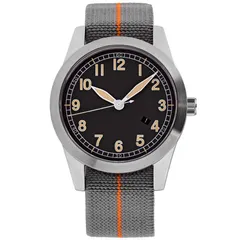 Islander Ameriquartz Field Watch ISL-78 with black dial on grey elastic strap with orange stripe