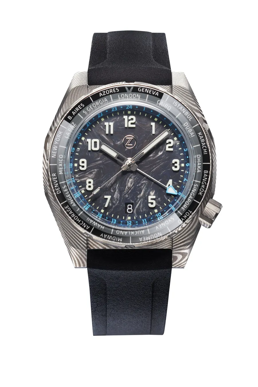 Zelos Thresher 41mm Damascus Limited Edition, Damascus-steel case and bezel, lumed carbon dial, on black rubber strap