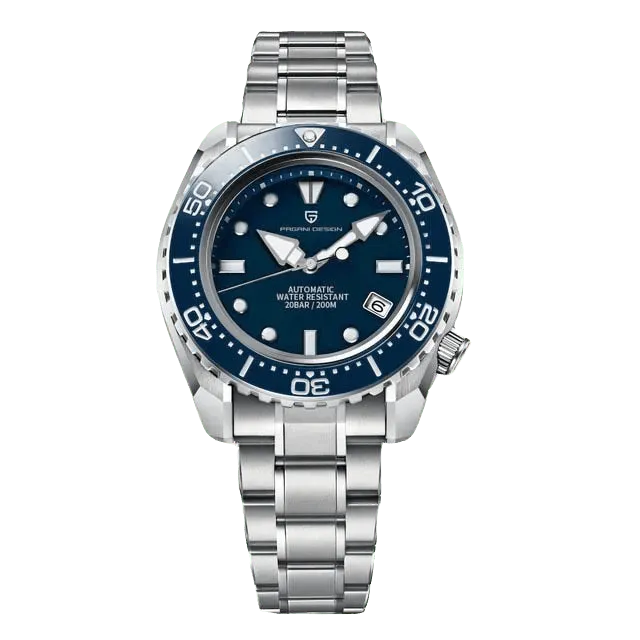 Pagani Design PD-1680 diver with blue dial and blue bezel, crown at 4, on steel bracelet