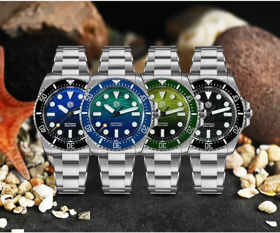 San Martin SN0126-GS 38mm divers with gradient blue-black, green-blue, yellow-green and black dials on three-link bracelets