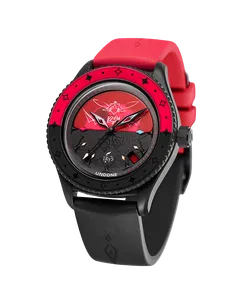 Undone x hololive Party2Gether IRyS with black-coated Basecamp case and red and black half-and-half dial on a black and red strap