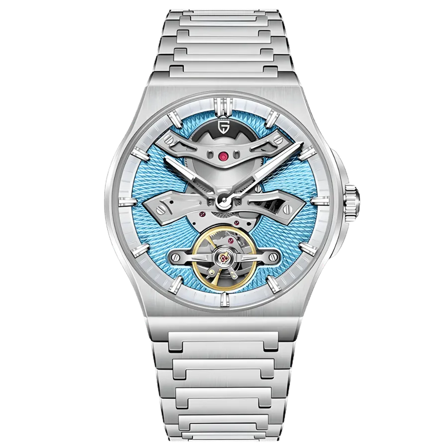 Pagani Design PD-YS028 with open-worked light blue dial, skeleton bridges and the balance at 6, on steel integrated bracelet