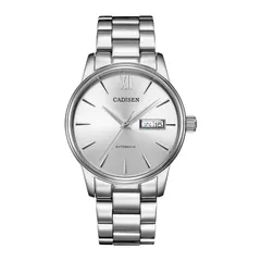 Cadisen C1032M with white dial and day-date window on a steel bracelet