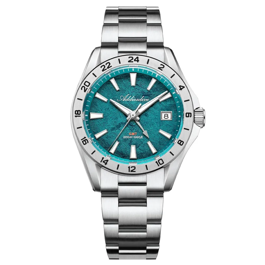 Addiesdive AD2548 GMT with turquoise-blue textured dial and fixed steel 24-hour bezel on a three-link bracelet