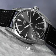 Wise Adamascus AD790 in Damascus steel, grey sunburst dial, on black leather strap