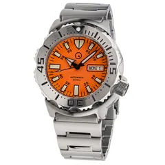 Islander ISL-94 automatic dive watch with orange dial, black hands and day-date at 3 on solid-link bracelet