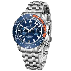 Pagani Design PD-1711 "Orange" chronograph with blue dial and blue and orange bezel on steel bracelet
