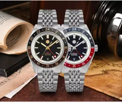 San Martin SN0116-G-V4 with black dial and brown bezel beside dark blue dial with blue and red bezel
