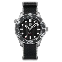 Watchdives WD007Q V2 with enamel black wave dial on a black nylon strap