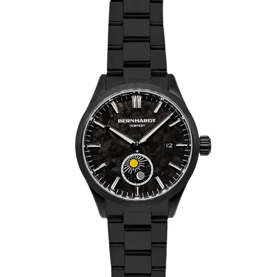 Bernhardt Tempest, forged carbon dial with sun and moon 24-hour indicator, titanium carbide PVD case on PVD bracelet