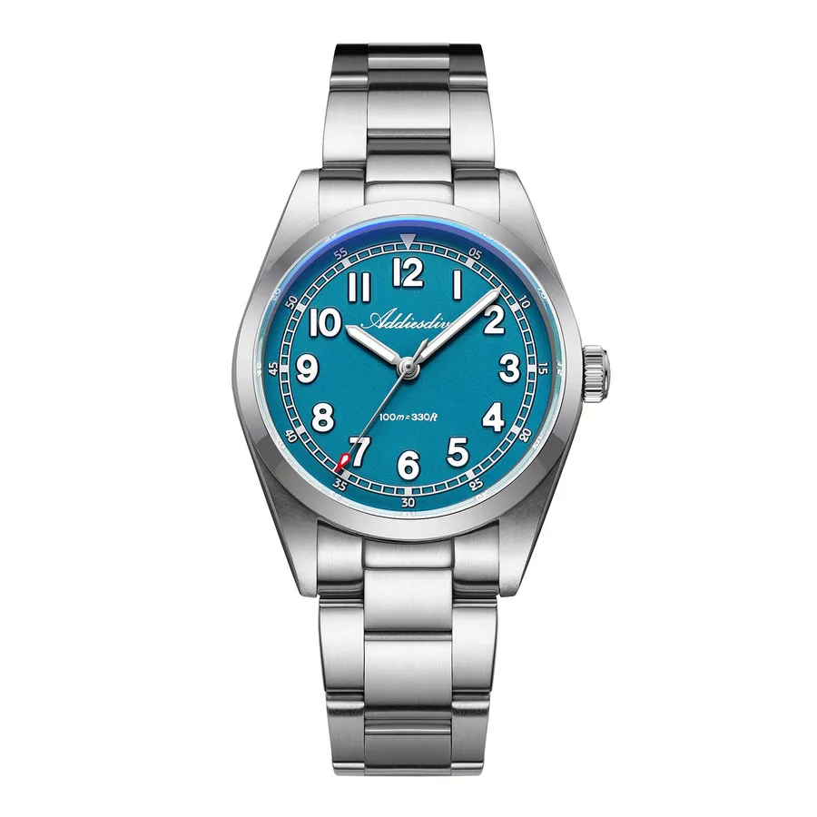 Addiesdive AD2521 with turquoise blue dial, full Arabic numerals and a three-link bracelet