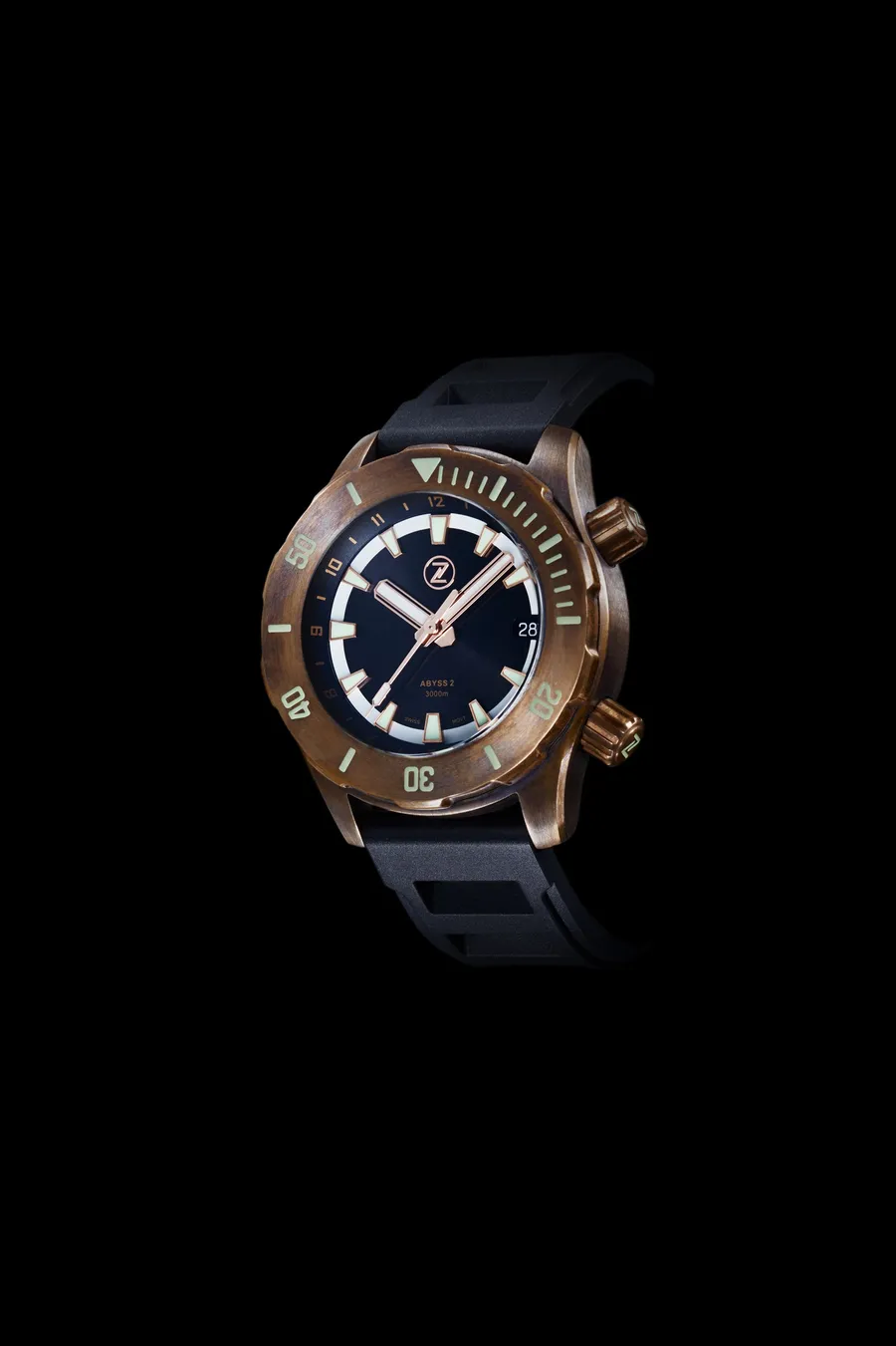 Zelos Abyss 2 3000m Bronze, black dial with white inner 12-hour ring, bronze bezel and twin bronze crowns, on rubber strap