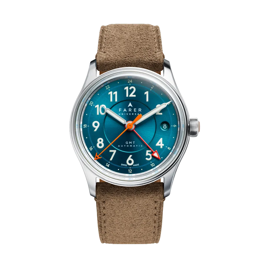 Farer Lander IV GMT 36mm, sea green triple-step sunray dial, on brown suede leather strap