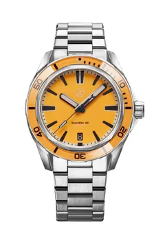 Zelos Swordfish 40mm SS Ember Orange (2022), fully lumed orange dial and bezel, on bracelet