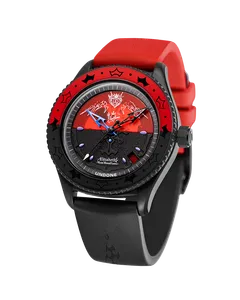 Undone x hololive Party2Gether Elizabeth Rose Bloodflame with black-coated Basecamp case and red and black half-and-half dial on a black and red strap