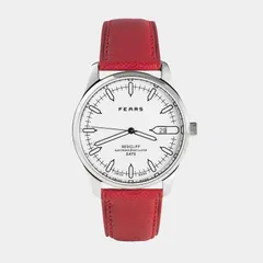 Fears Redcliff Date with glossy Jetliner White dial on a red leather strap